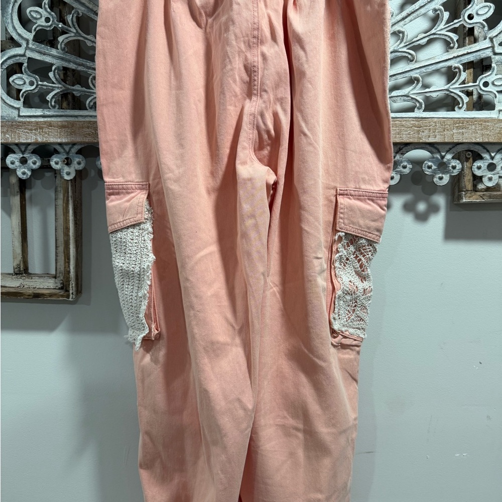 Creamy Pink Cargo Pants with Lace Accents and distressed front. - Picture 2 of 5